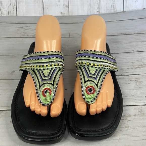 Viintage Beaded Embroidered Thong Square Toe Leather Sandal - Picture 3 of 14